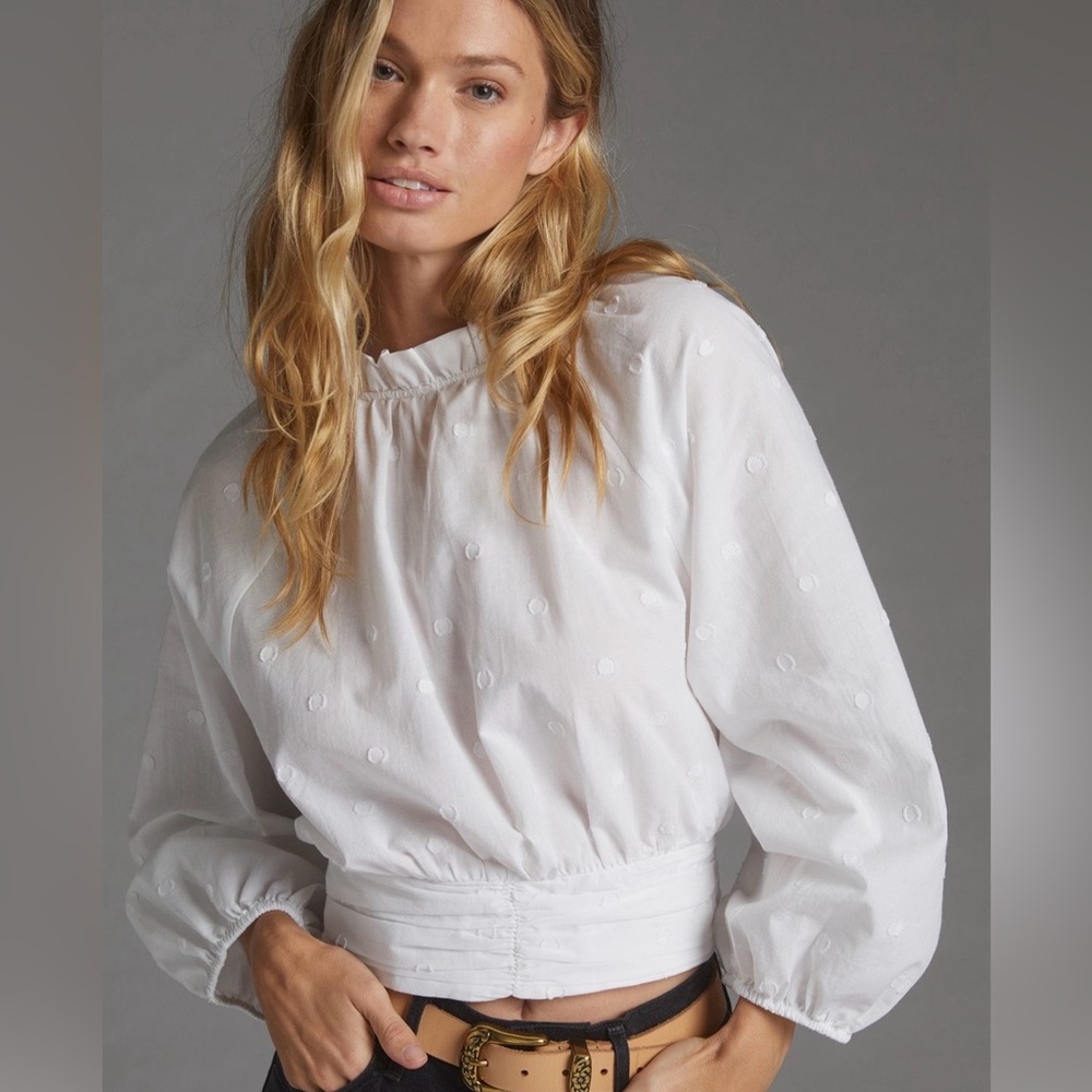 Maeve by A+ Anthropologie White Polka Dot Textured Blouse